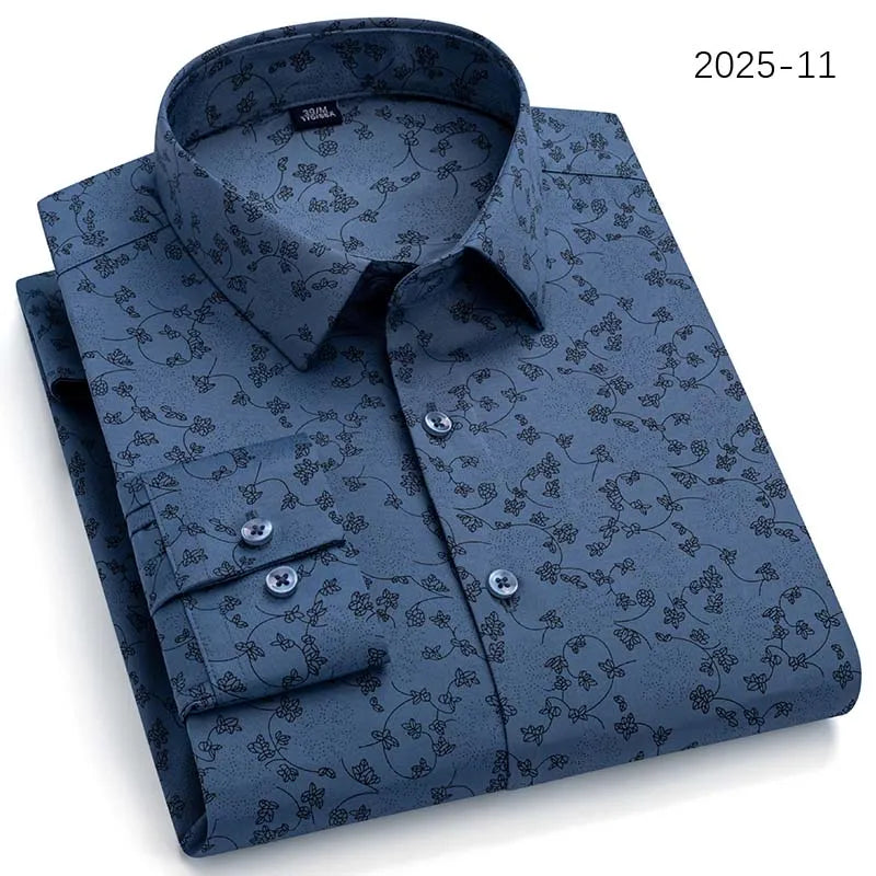 Men Long Sleeve Shirts Fashion Print Plaid Wrinkle Resistant Non Ironing Stripe Man Clothing Casual Smart Business Dress Shirts