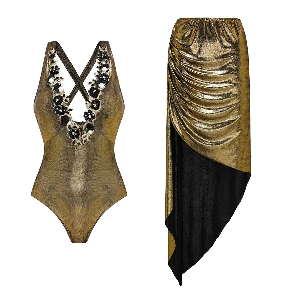 Women’s Printed Ruffle Splice Bikini Bodysuit with Skirt — Summer Beach Cover‑Up Holiday Swimwear Outfit