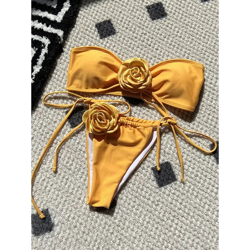 OIINAA Swimsuit Women Sexy Soild Color Bikini Set 3D Floral Swimwear Split Strapless Two-Piece Biquini Lace Up Bathing Suit 2024