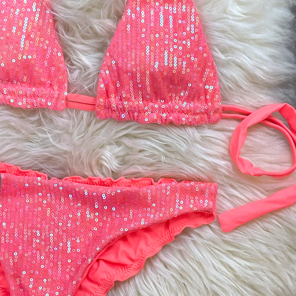 Melphieer Sequins Sparkle Bikini Set — Strappy Bandage Ruching Bum Two‑Piece Swimsuit for Beach, Pool & Holiday Outfits