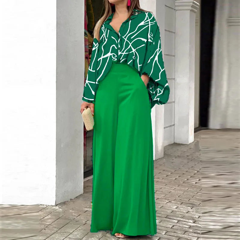 Spring And Autumn For Women's Printed Long Sleeved Shirt Set Casual Fashion Elegant Wide Leg Trousers Female Office 2 Piece Set