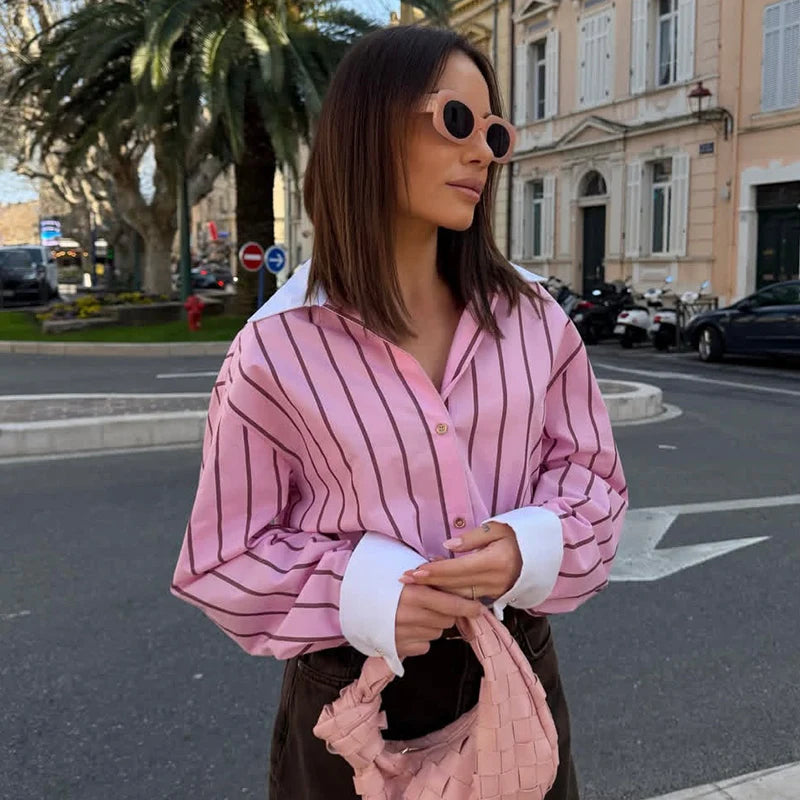 2026 Women’s Long Sleeve Collared Shirt — Striped Cuff Loose Chic Spring Summer Top