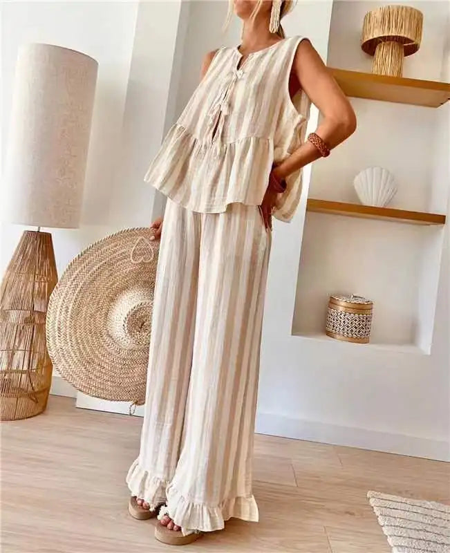 Stripe Lace Up Shirts Set Women Casual O-neck Sleeveless Hollow Out Blouse Vest Wide Leg Trousers 2-piece Sets Lady Beach Outfit