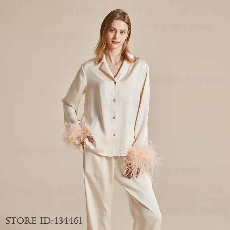 luxury feather‑trim satin pajama set