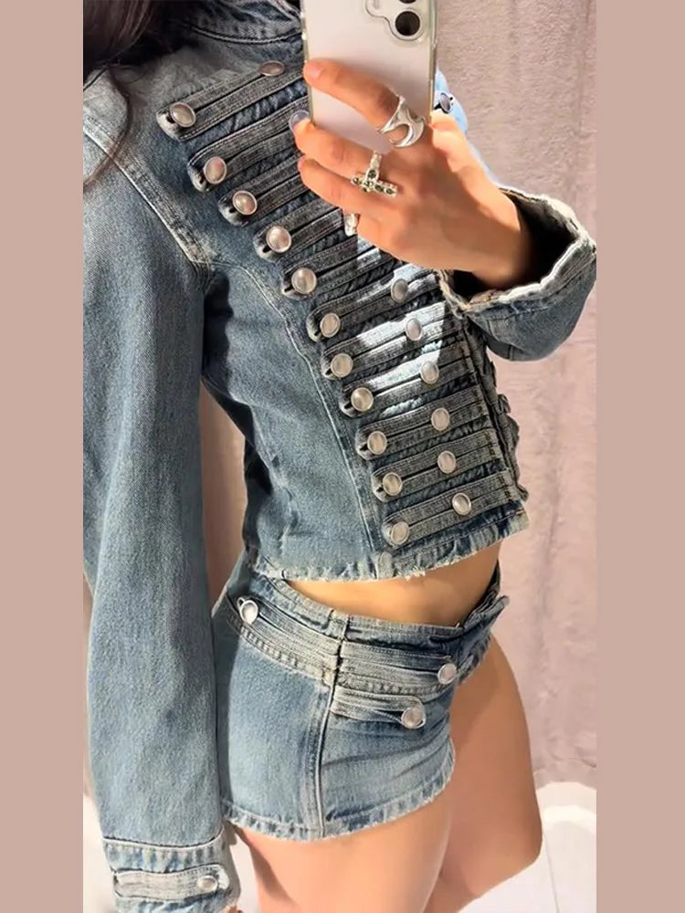 Chic Stand‑Collar Denim Coat & Shorts Suit