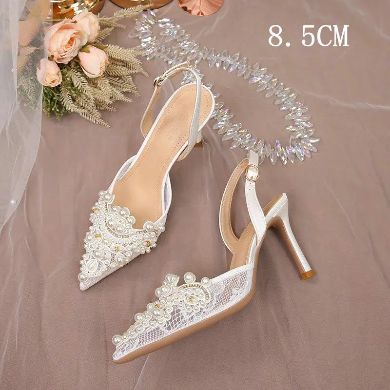 2025 White Wedding Shoes Bridesmaid Shoes Women's Lace Shoes Fashion High Heels Pearl Pumps