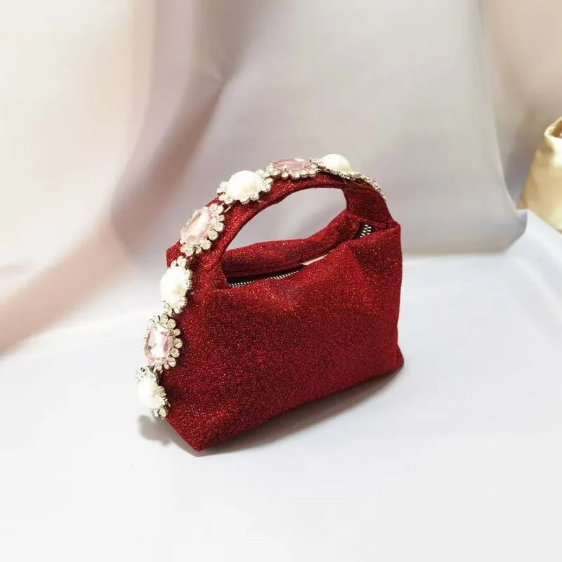 Luxury Designer Pearl Beaded Satin Hobo Bag Women Handbag Rhinestone Diamond Evening Bag Wedding Party Clutch Purse Shoulder Bag