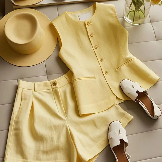 Xgoth Summer Fashion High end Yellow Vest High Waist Shorts Set Loose Casual Solid Color Commuter Two Piece Set Women Outfits