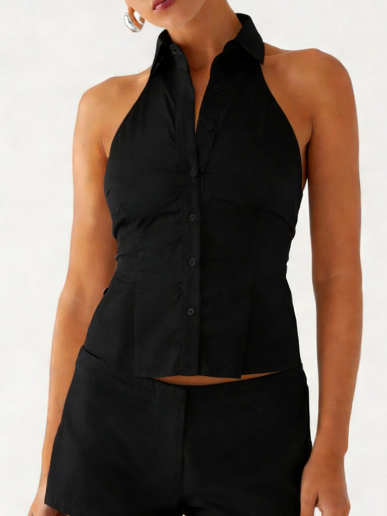 Women Button up Halter Tops Summer Trendy Lapel Tie up Backless Shirts for Streetwear Aesthetic Grunge Clothes