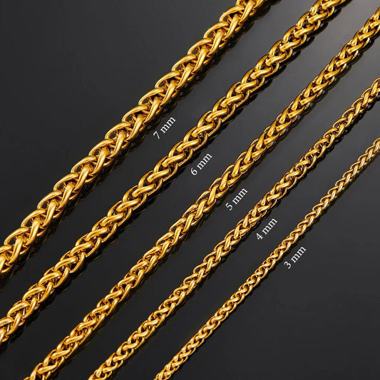 HIYEE Thickness 3/4/5/6/7/8mm Gold Color Wheat Braided Stainless Steel Necklace Link Classic Curb Chain for Men Women Jewelry