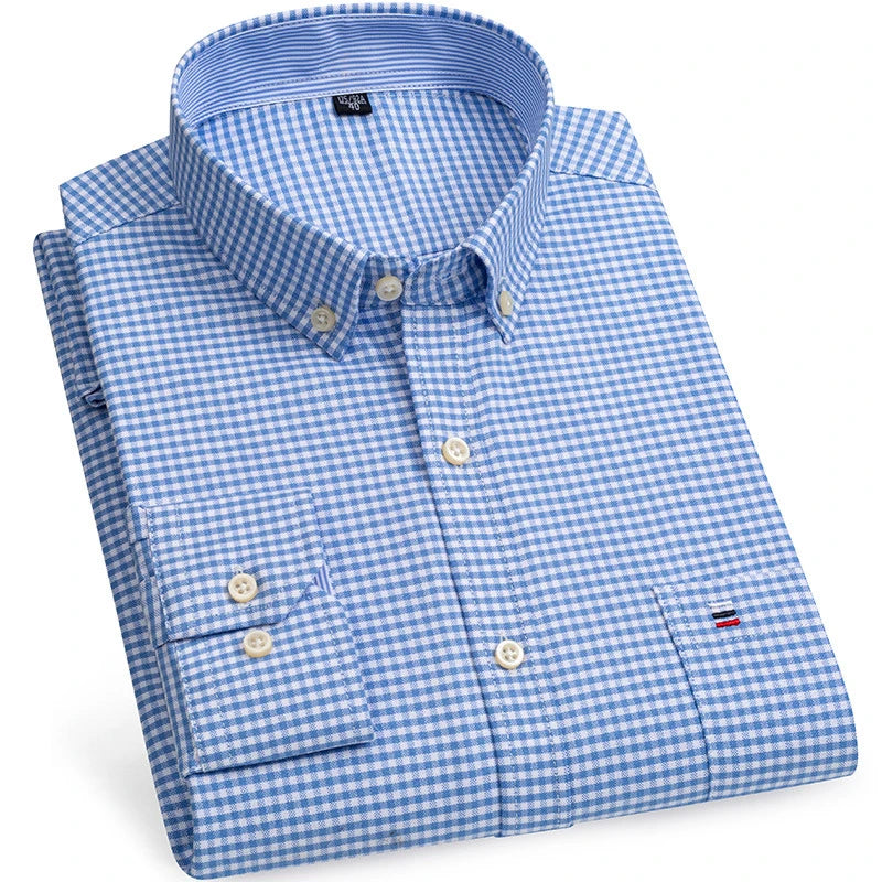 2024 New Quality Men's Social Shirt Long Sleeve 100% Pure Cotton Oxford Soft Plaid Formal Male Clothes Oversized Shirt S-7XL