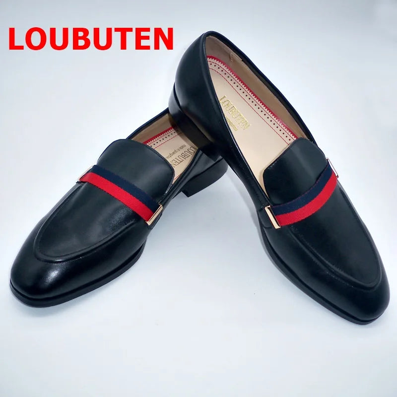 LOUBUTEN Luxury Fashion Italian Black Genuine Leather Loafers Handmade Men Dress Shoes Slip On Party Wedding Shoes