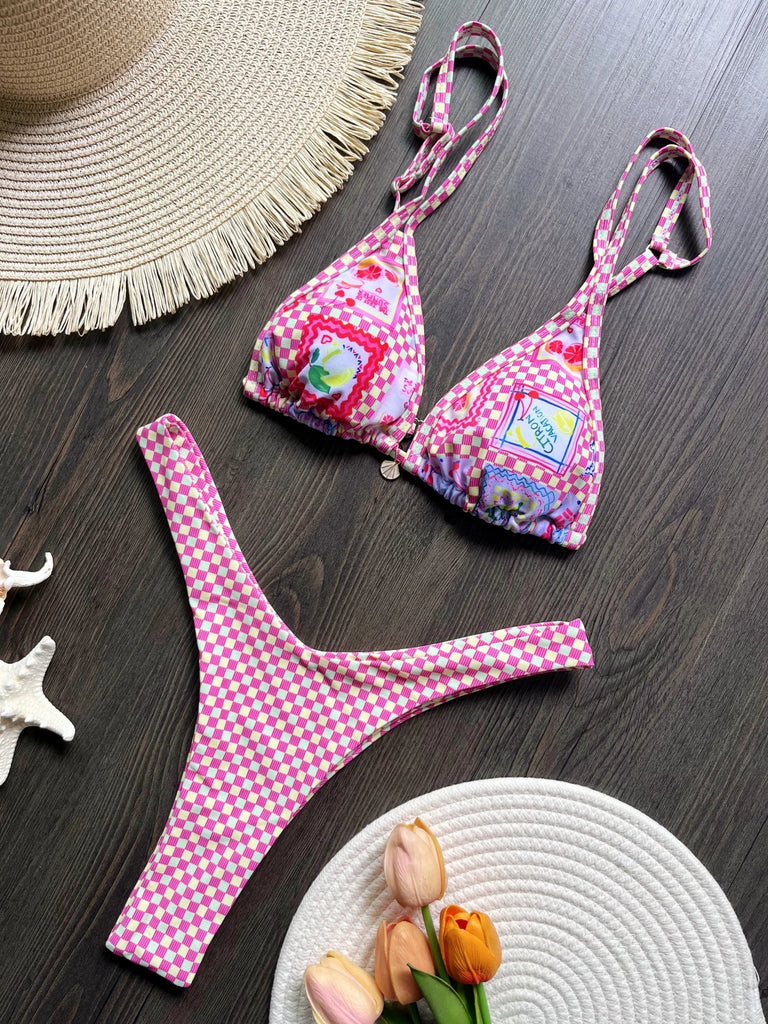 Brazilian High‑Leg Plaid Bikini