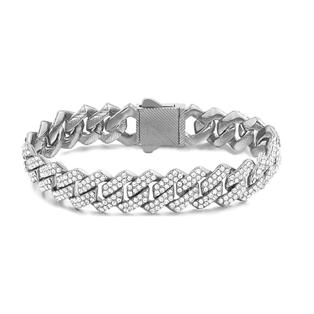 1Pcs 13/14MM Cuban Chain Bracelet for Men Women Prong Miami Rhinestones Cuban Bracelets Wristband Hiphop Gifts Jewelry