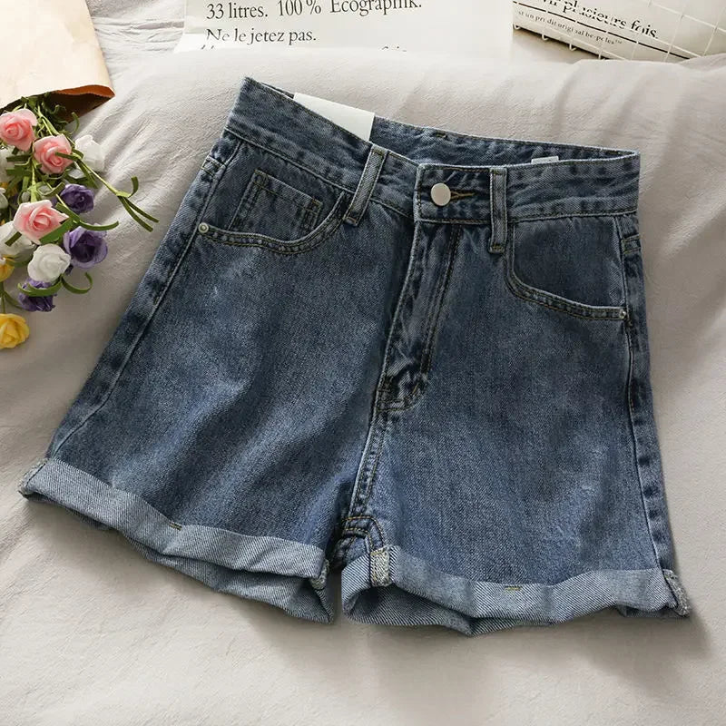 Women's Denim Trendy High-Waisted Slimming Loose-Fit Rolled Edge Korean Style A- Line Hot Pants Summer New Arrival