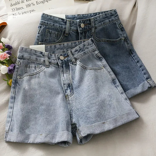 Women's Denim Trendy High-Waisted Slimming Loose-Fit Rolled Edge Korean Style A- Line Hot Pants Summer New Arrival