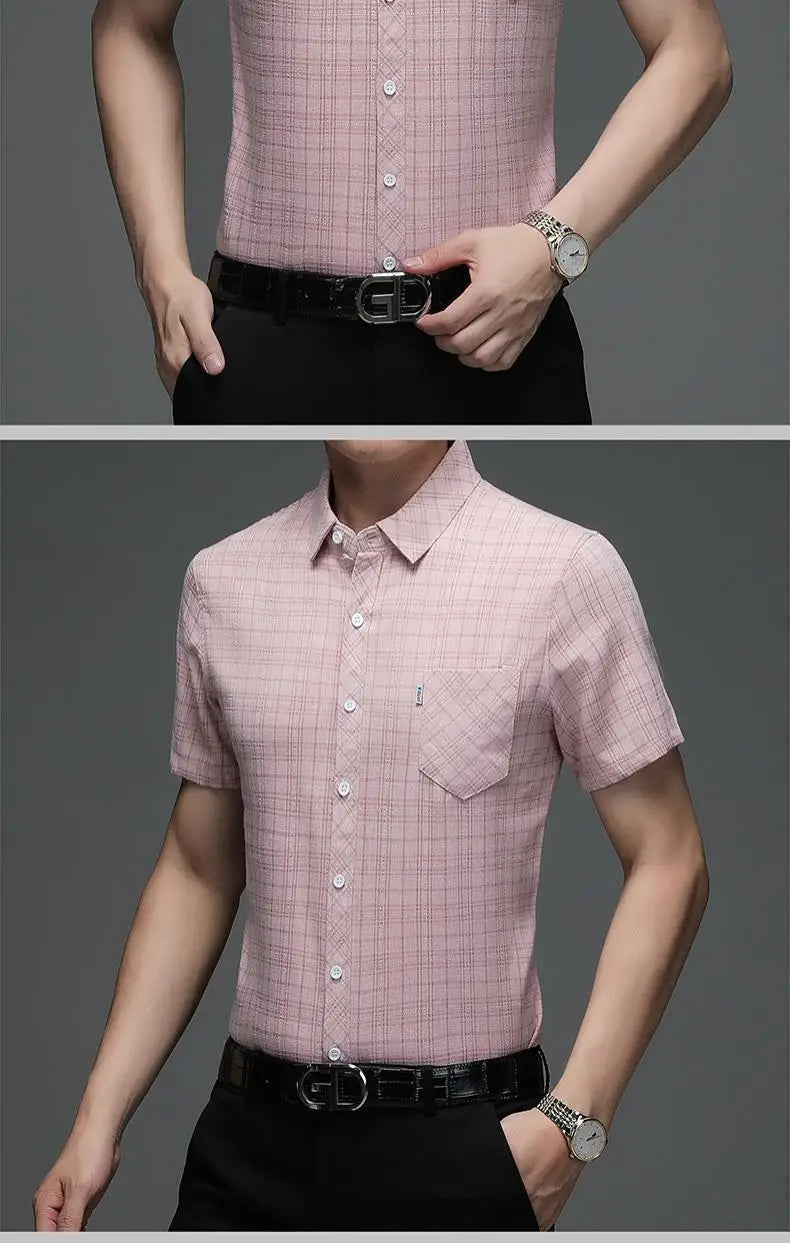 Grey Plaid Short‑Sleeve Button‑Down Shirt