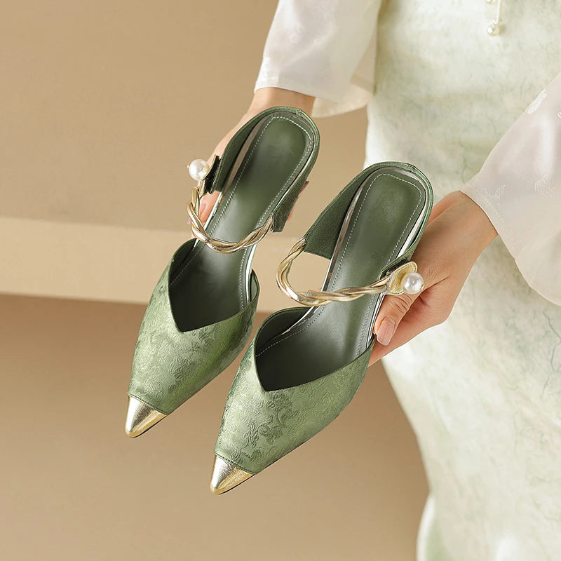 Pointed Toe Pearl Slingback Sandals