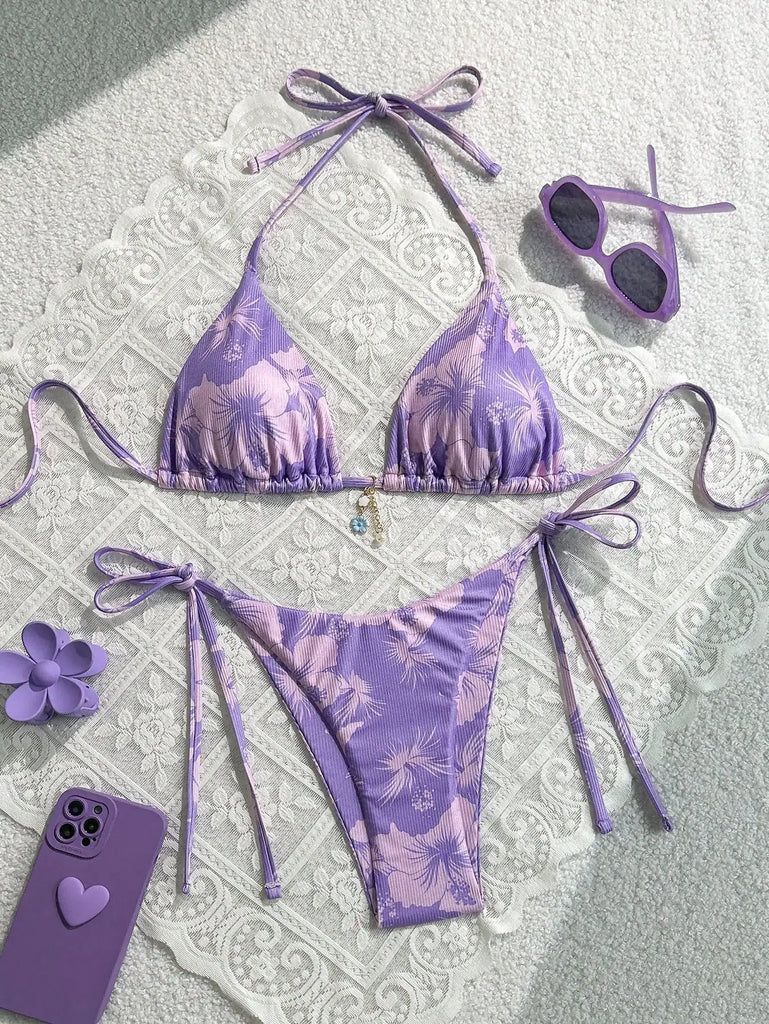 Floral Print Tie Side Bikini Set Women Sexy Trendy Cute Yet Sultry Premium Two Piece Swimsuit for Beach Hot Spring Vacation