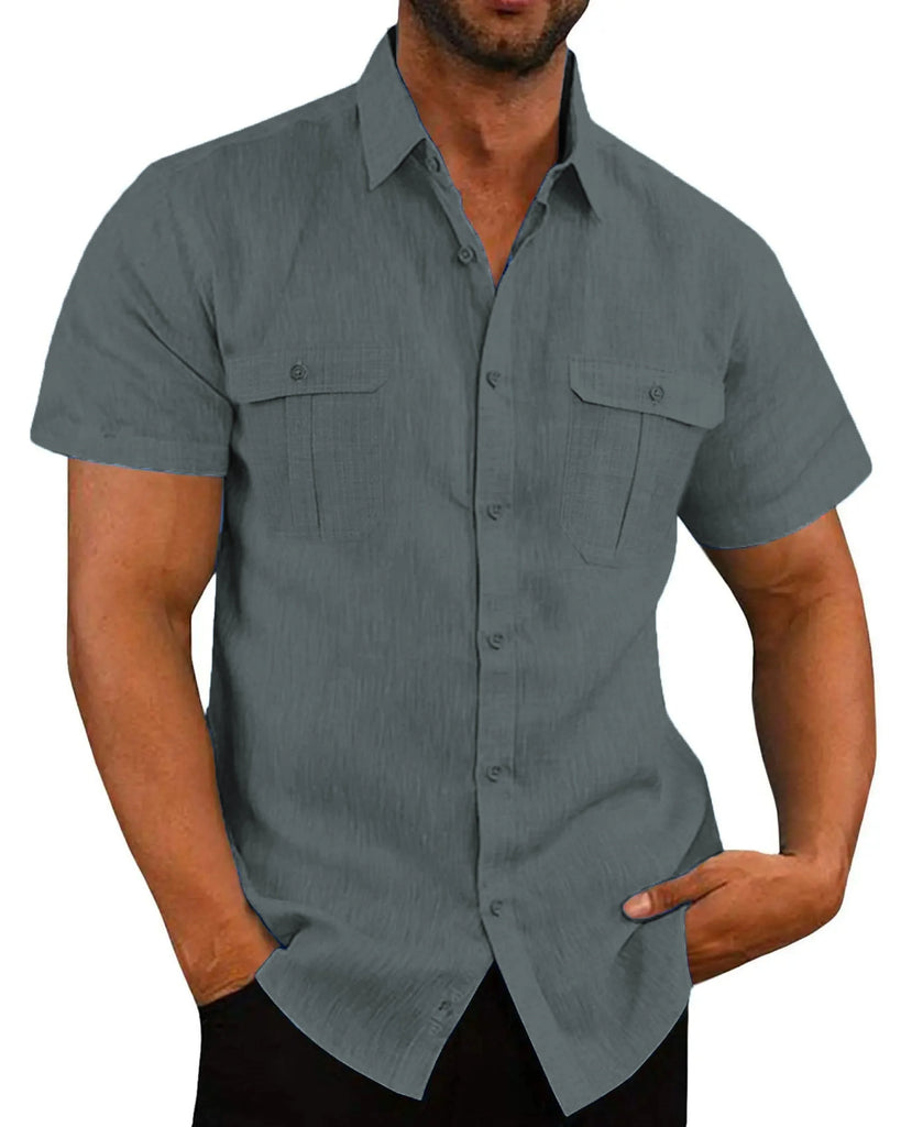 Men’s Summer Short‑Sleeve Shirt – Solid Color Fashion Top with Two Chest Pockets, Outdoor Casual Cardigan Style