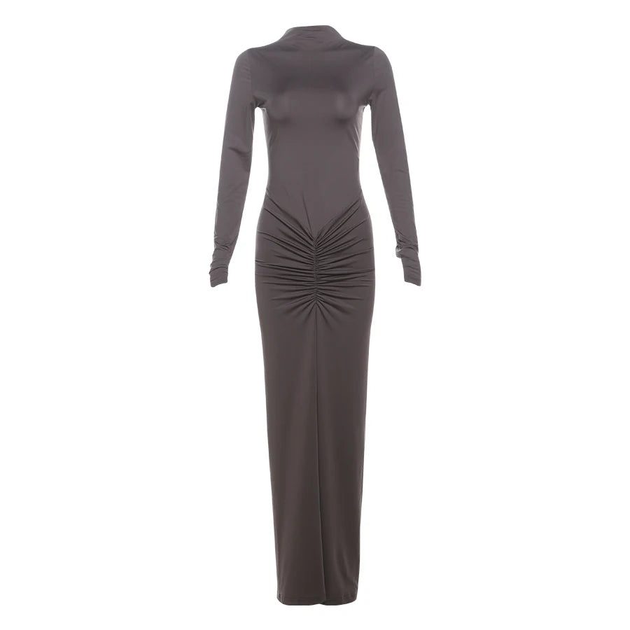 Women’s Ruched Long‑Sleeve Bodycon Dress – O‑Neck Slim Fit Hipster Pleated Autumn Classic