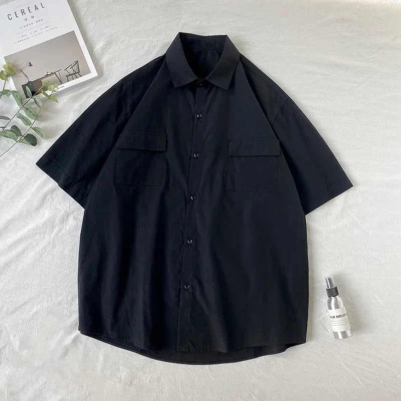 Summer Solid Color Short Sleeve Men's Shirt Loose Fit Japanese Workwear Half Sleeve Top Hong Kong Style White Trendy Casual Shir