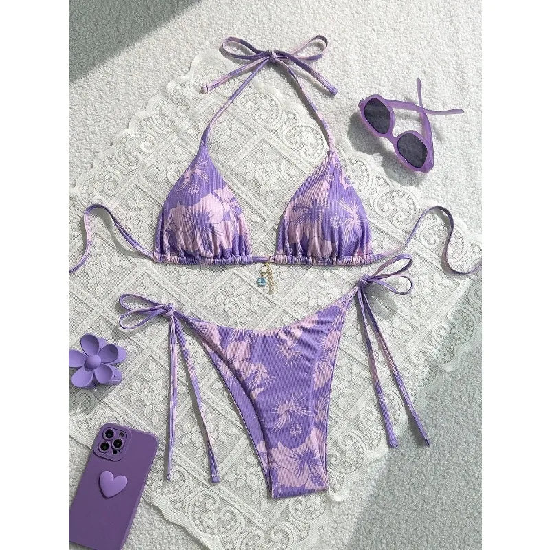 Floral Print Tie Side Bikini Set Women Sexy Trendy Cute Yet Sultry Premium Two Piece Swimsuit for Beach Hot Spring Vacation