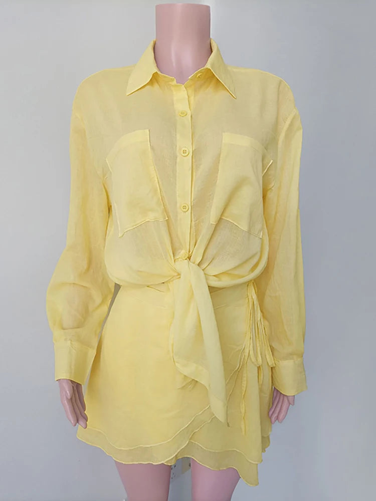 JULISSA MO Casual Vacation Two Piece Sets Women Shirt Suit Yellow Turn-down Collar Bandage Mini Skirt Set Summer Slim Beachwear