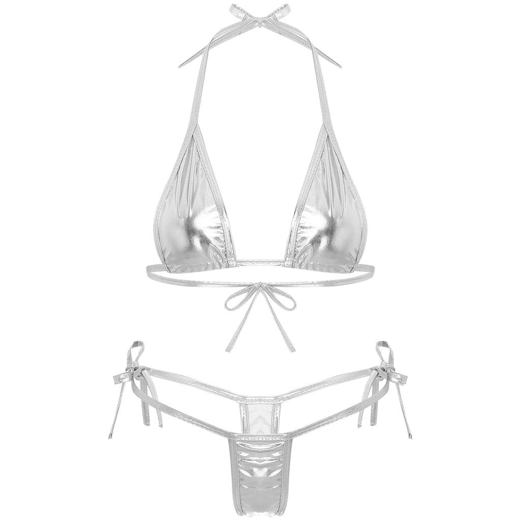 Women’s Metallic Shiny Bikini Set – Lacing Brazilian Micro Swimsuit with Triangle Top & G‑String Bottoms