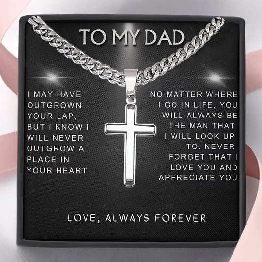 “To My Dad” Cross Necklace – Stainless Steel Cuban Chain with Gift Card & Box
