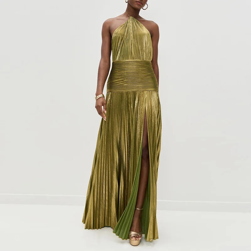 Gold Sexy Halter High Split Gowns Evening Dress Woman Chic Solid Hollow Pleated Long Dress Spring Summer Backless Zip Maxi Dress