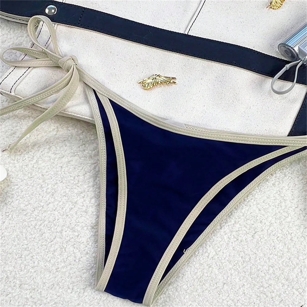 Women’s Vintage Blue Triangle Bikini – Border String Push‑Up Backless Extreme Swimsuit Beach Set