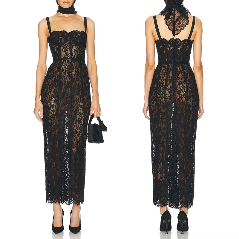 Black Lace Patwork Sleeveless Maxi Dress for Women 2025 Summer Sexy Bodycon Party Dresses Fashion Summer Celebrity Club Wear