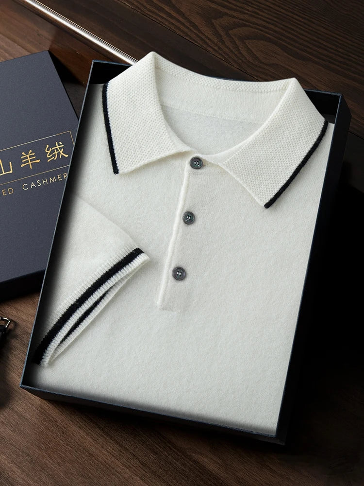 ADDONEE Men's Cashmere Summer Polo T-shirt Smart Casual Short Sleeve Pullover Sweater 100% Cashmere Knitwear Korean Fashion Tops