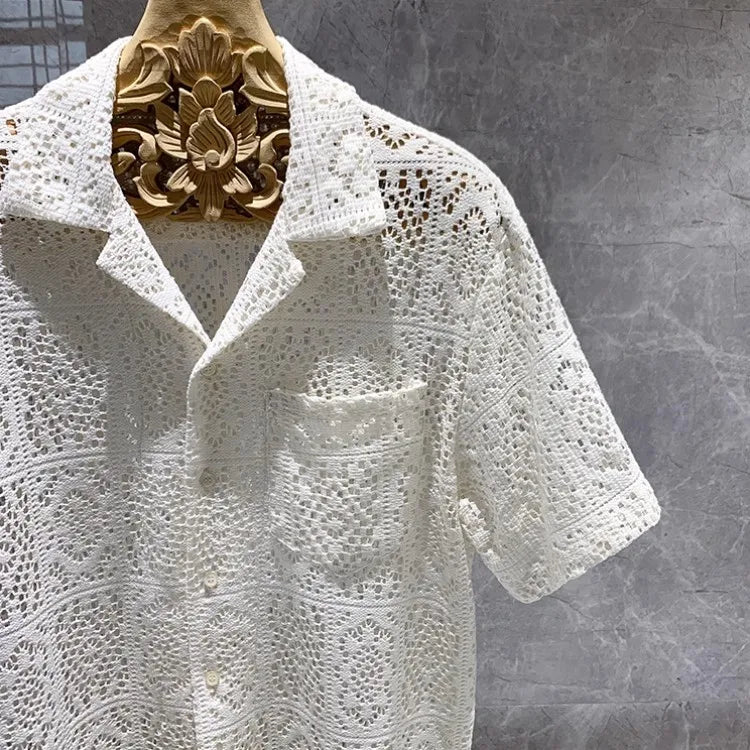 Summer Mens Hollow Out Crochet Beach Shirt Short Sleeve Single Breasted Loose Fit Tops Vintage Breathable Night Clubwear Shirts