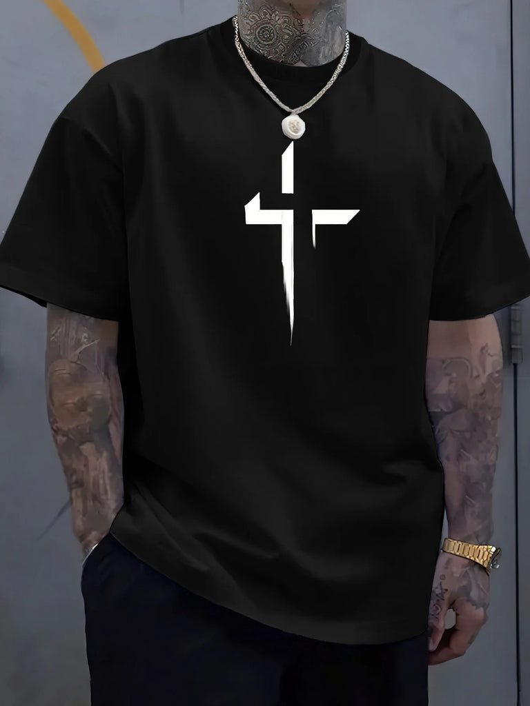 Men’s 100% Cotton Cross‑Print T‑Shirt – Loose Plus‑Size Summer Sports Tee | Comfortable Round‑Neck Casual Top