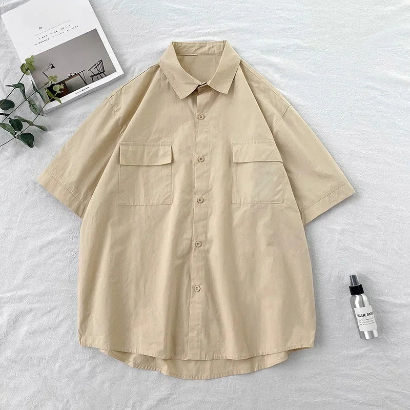 Summer Solid Color Short Sleeve Men's Shirt Loose Fit Japanese Workwear Half Sleeve Top Hong Kong Style White Trendy Casual Shir