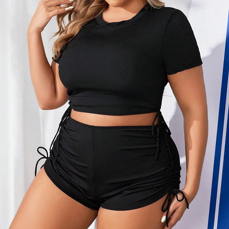Women’s Plus‑Size Blouson Bikini Set – Solid Drawstring Top & High‑Waist Shorts Swimsuit 2026