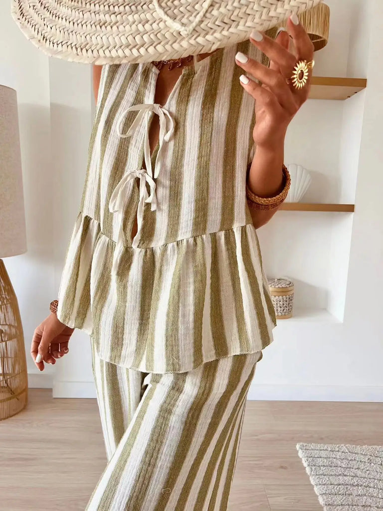 Stripe Lace Up Shirts Set Women Casual O-neck Sleeveless Hollow Out Blouse Vest Wide Leg Trousers 2-piece Sets Lady Beach Outfit