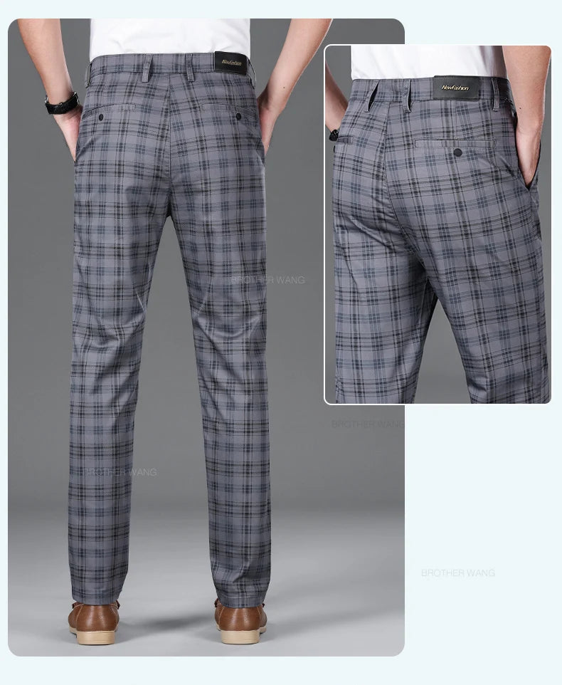 Slim‑Fit Plaid Cotton Pants