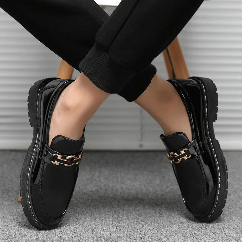 Spring and Autumn Horse Buckle Bright Men's Lok Fu Shoes Black work shoes Fashion Gentleman's Shoes Leisure Student Shoes