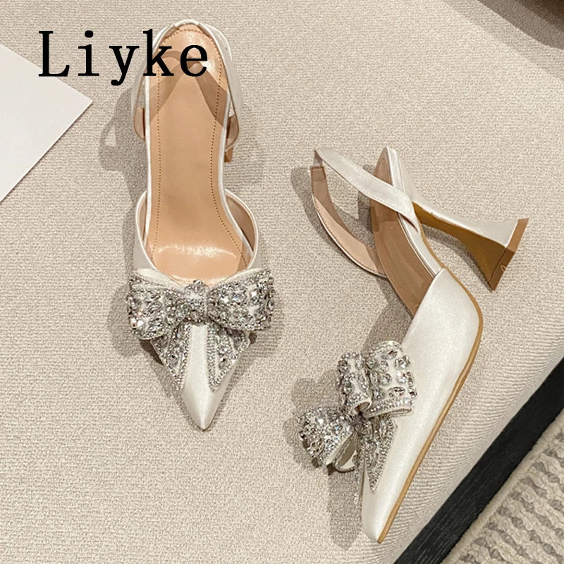 Liyke Spring Summer Fashion Rhinestone Bowknot Women Pumps Sexy Silk Pointed Toe Strange High Heels Party Prom Shoes Gold Silver