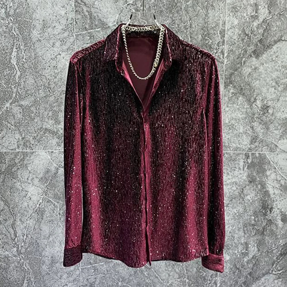 Gold Velvet Shiny Long‑Sleeve Shirt