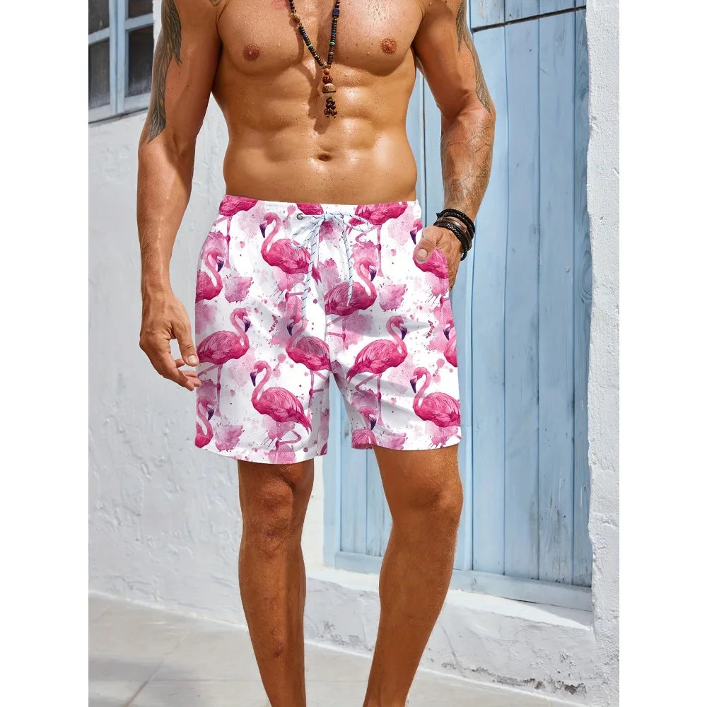 Men's Casual Beach Shorts - Quick-Dry, Drawstring Waist with Pockets, Flamingo Print, Summer Vacations Outdoor Activities