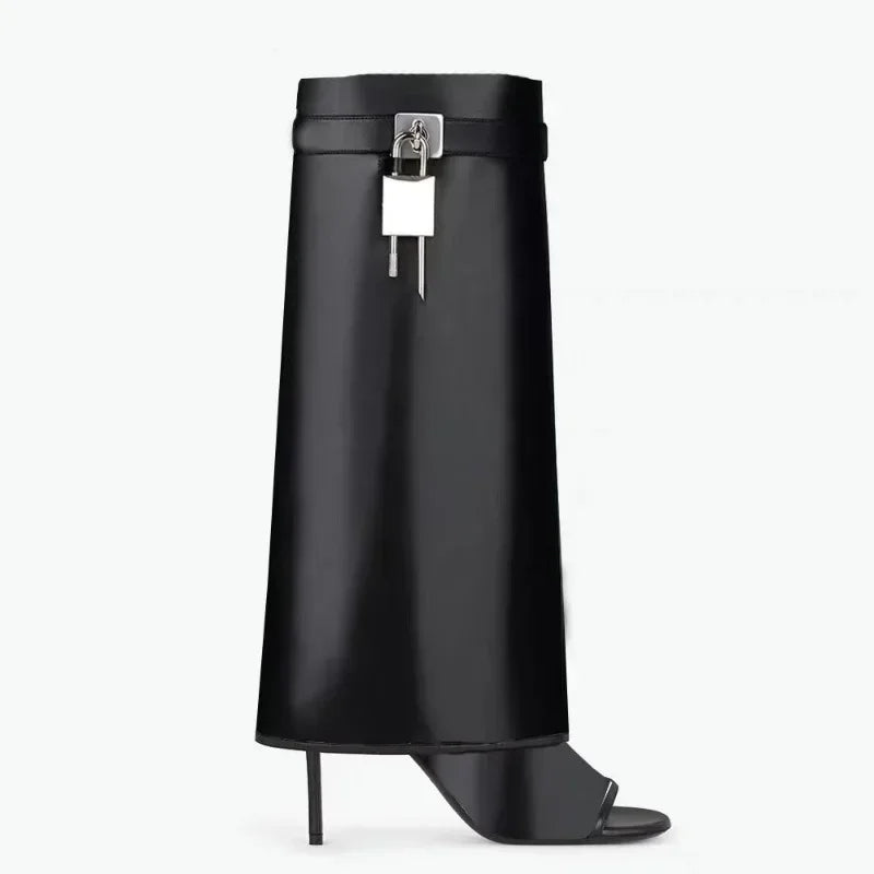 New Women's Leather Ankle Boots with Metal Buckle, Pointed Toe & Slender High Heel - Wide Shaft Short Bare Boots