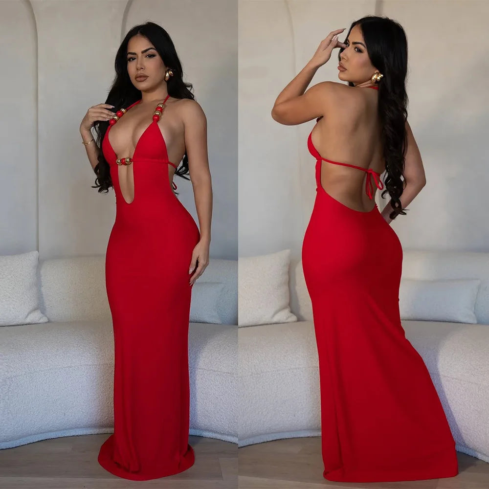 CM.YAYA Women Sleeveless Deep V-neck Halter Long Maxi Dress Summer Backless Beach Sexy Street Evening Night Club Party Dresses