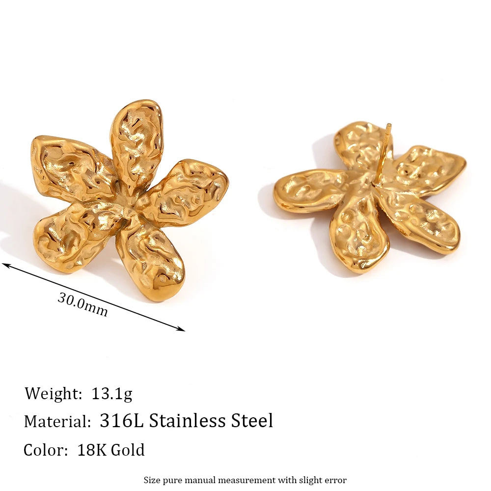 E.B.belle Hammered Five Petal Flower Stud Earrings Water Resistant 316L Stainless Steel Women's Earrings 18K Gold Plated Gift