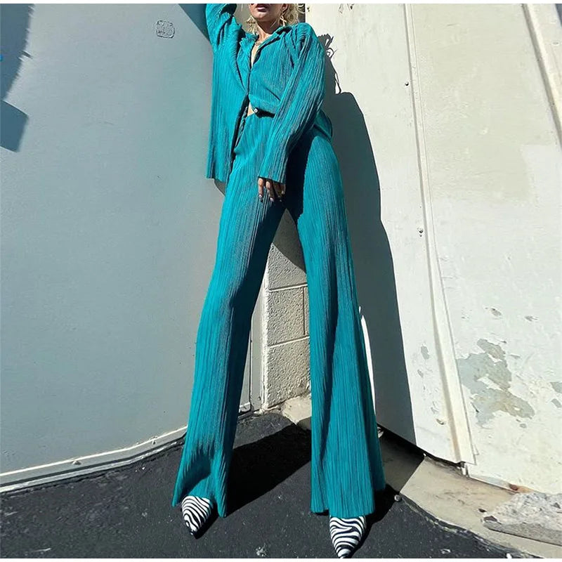 CM.YAYA Street Women's Set Long Sleeve Shirt Tops and Wide Leg Pants Elegant Tracksuit Two Piece Set Sweatsuit Fitness Outfits