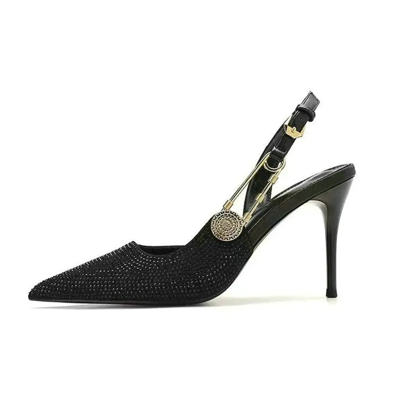 Bling Diamond High Heels Women 2025 Spring Pumps New Pointy Head After Empty Sexy Metal Girl Temperament Baotou French Sandals