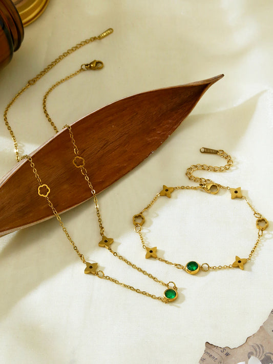 1 piece 18k gold plated fashion light luxury stainless steel lucky flower inlaid green zirconia necklace bracelet ladies jewelry
